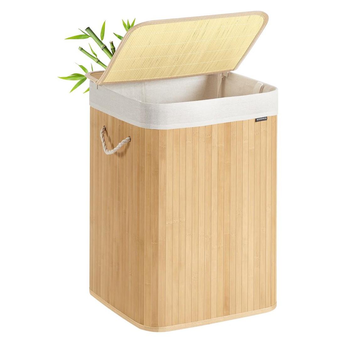 Bamboe Wasmand met Deksel – Opvouwbare Wasbox van 95 L met Uitneembare Waszak