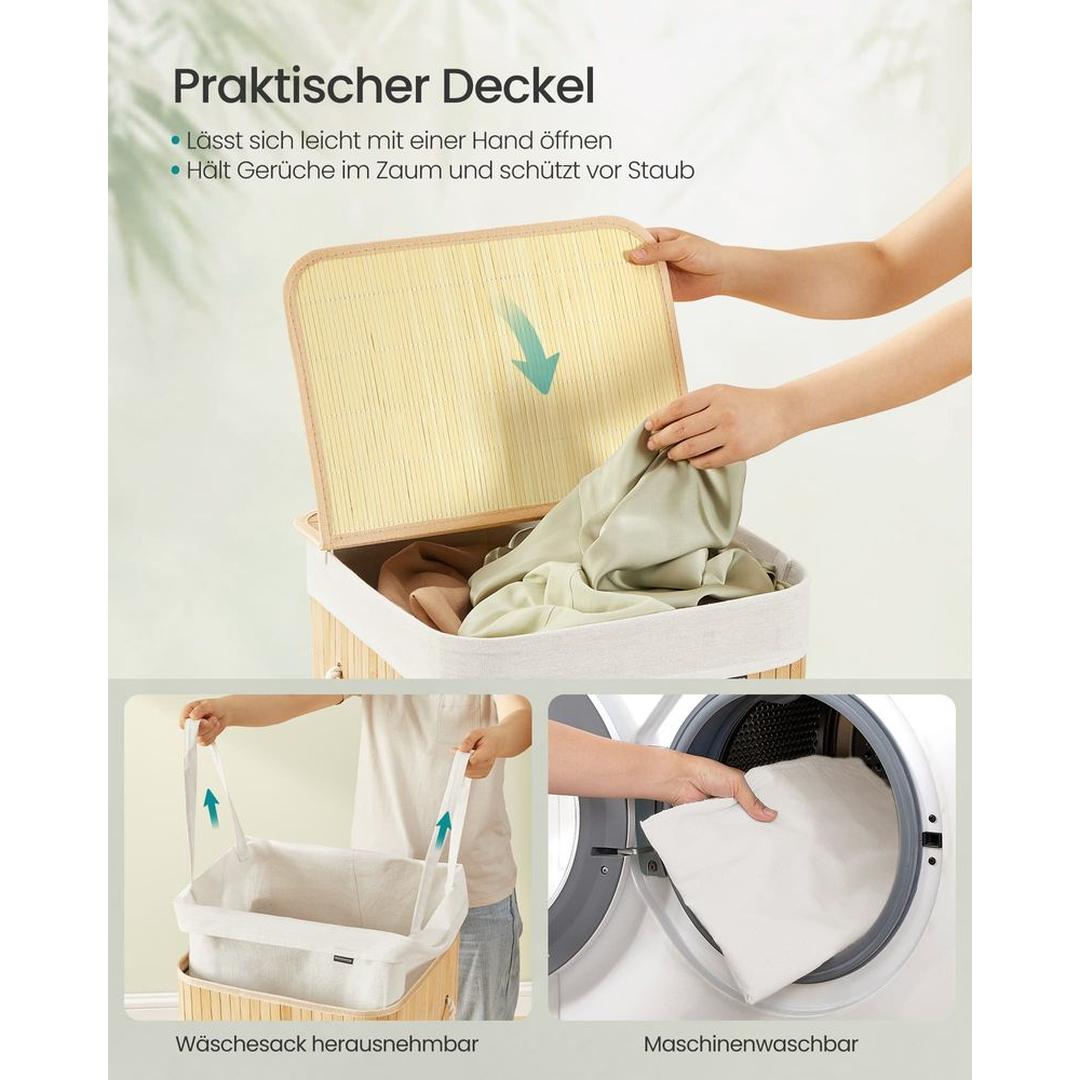 Bamboe Wasmand met Deksel – Opvouwbare Wasbox van 95 L met Uitneembare Waszak