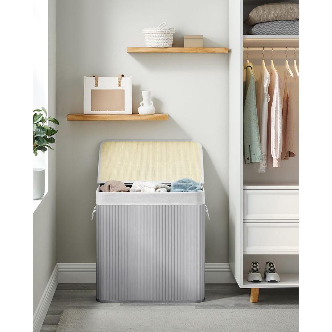 Bamboe Wasmand met Deksel – 3-Vaks Wasbox van 150 L, Opvouwbaar met Handgrepen