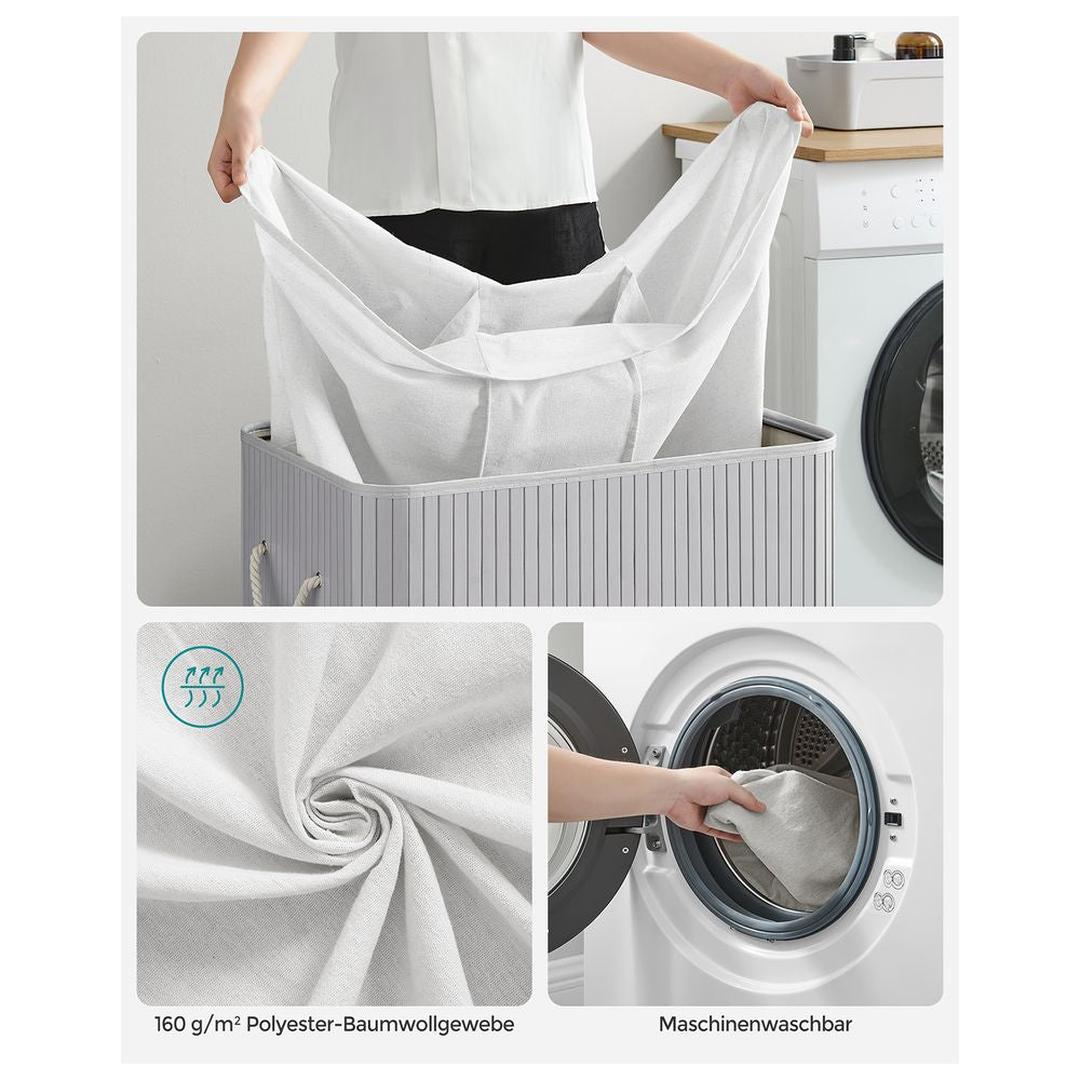 Bamboe Wasmand met Deksel – 3-Vaks Wasbox van 150 L, Opvouwbaar met Handgrepen