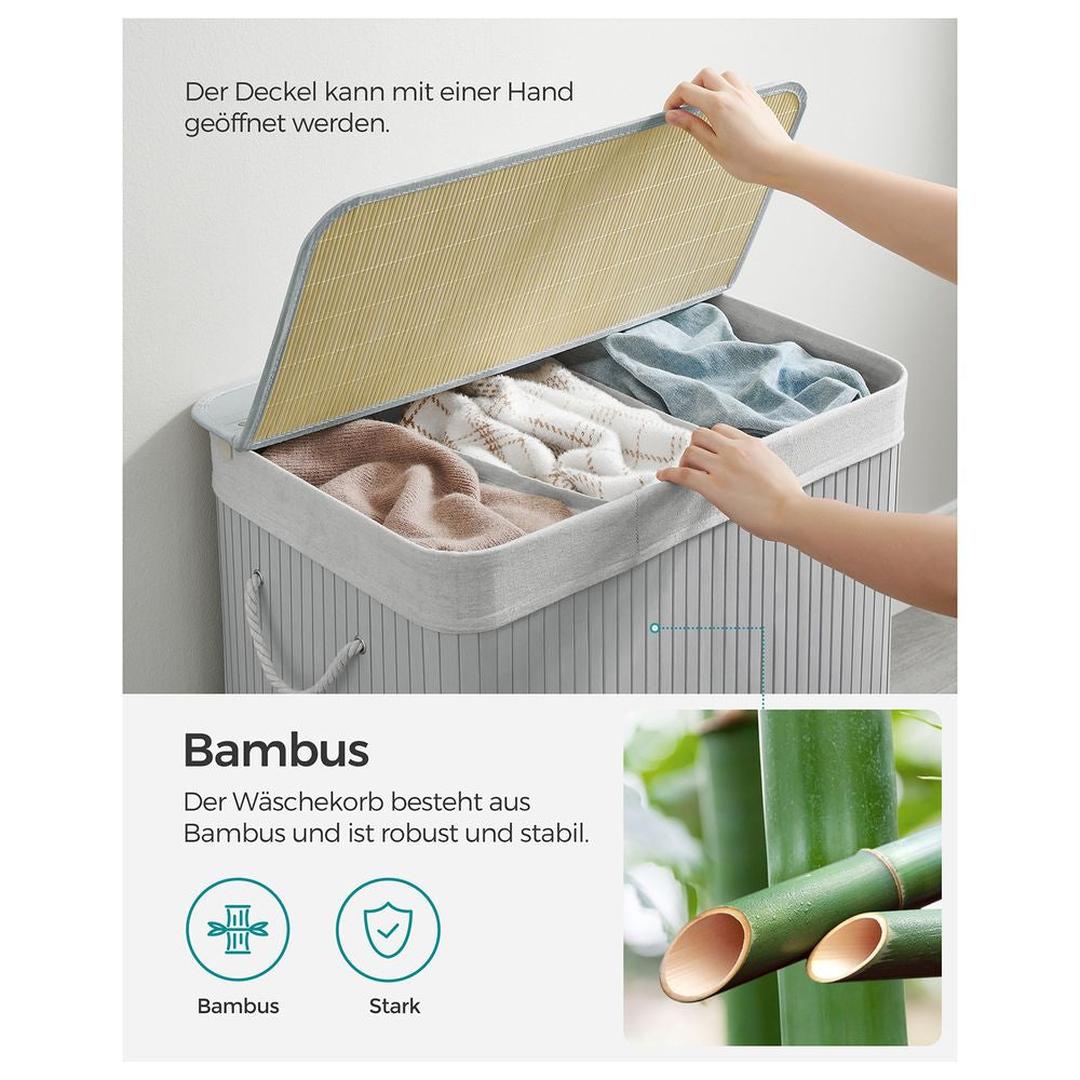 Bamboe Wasmand met Deksel – 3-Vaks Wasbox van 150 L, Opvouwbaar met Handgrepen