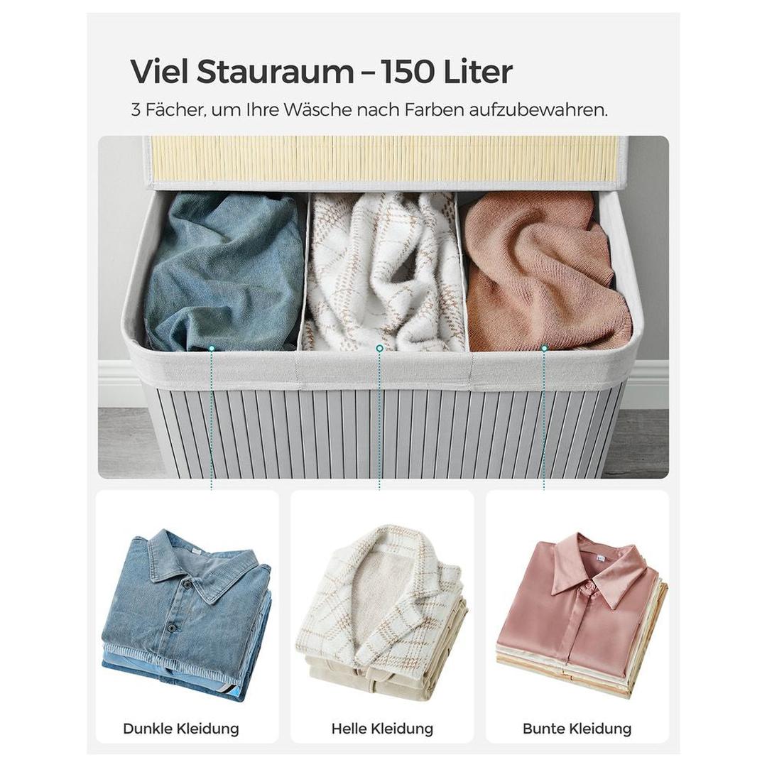 Bamboe Wasmand met Deksel – 3-Vaks Wasbox van 150 L, Opvouwbaar met Handgrepen