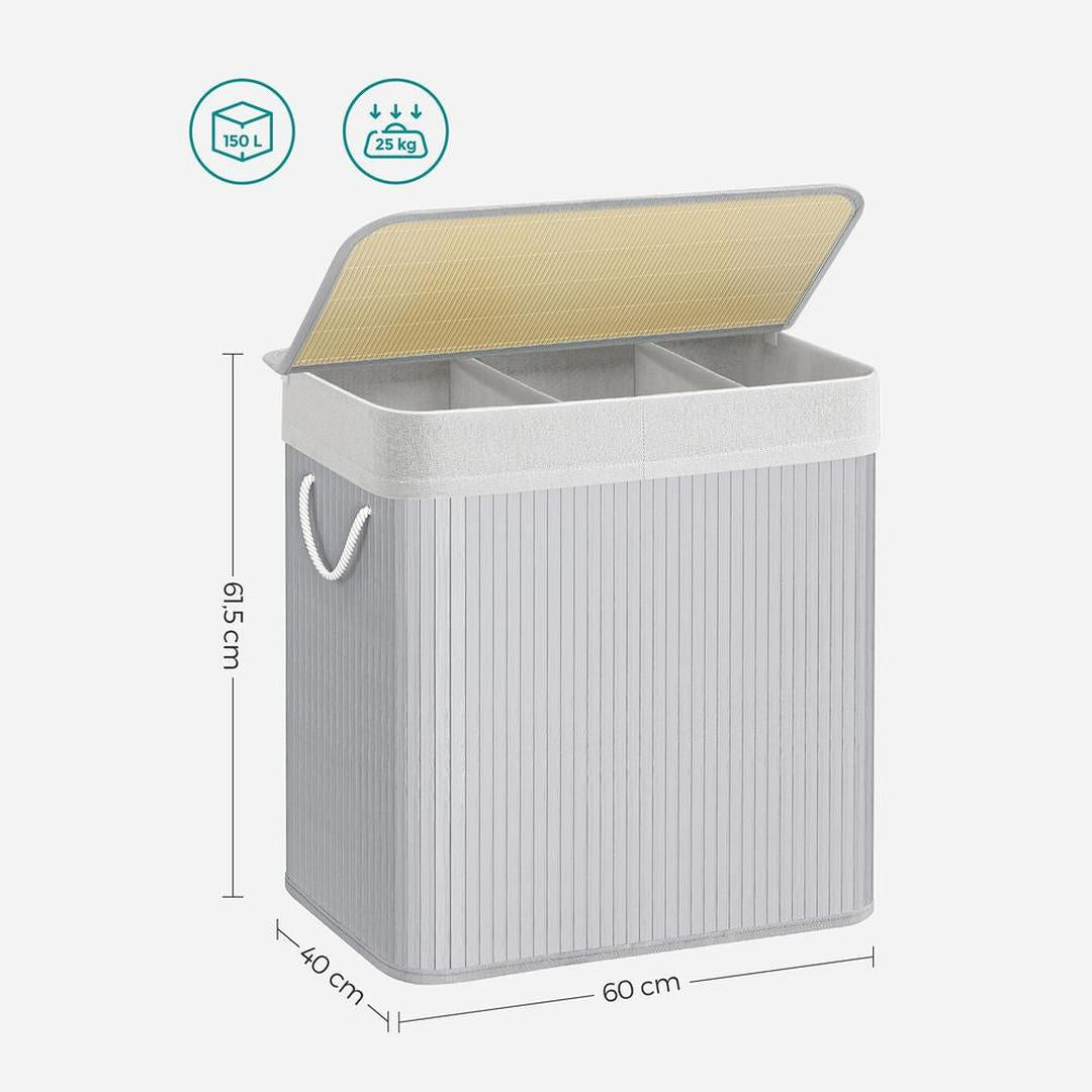 Bamboe Wasmand met Deksel – 3-Vaks Wasbox van 150 L, Opvouwbaar met Handgrepen