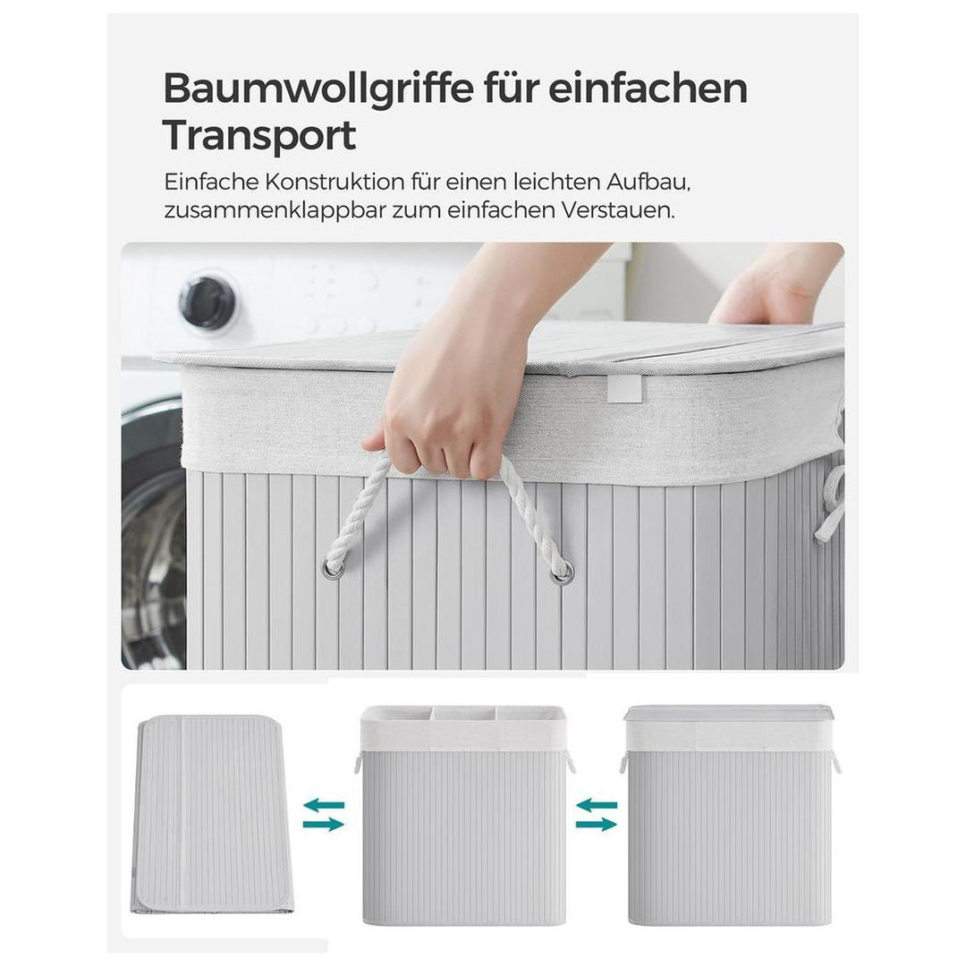 Bamboe Wasmand met Deksel – 3-Vaks Wasbox van 150 L, Opvouwbaar met Handgrepen