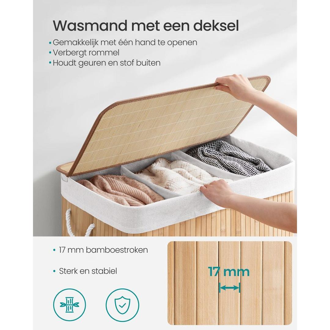 Bamboe Wasmand met Deksel – 3-Vaks Wasbox van 150 L, Opvouwbaar met Handgrepen