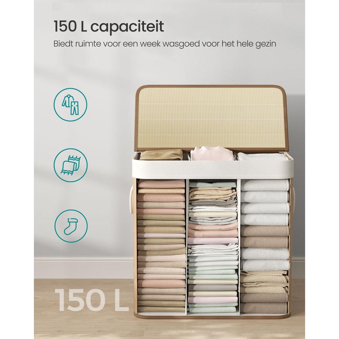 Bamboe Wasmand met Deksel – 3-Vaks Wasbox van 150 L, Opvouwbaar met Handgrepen