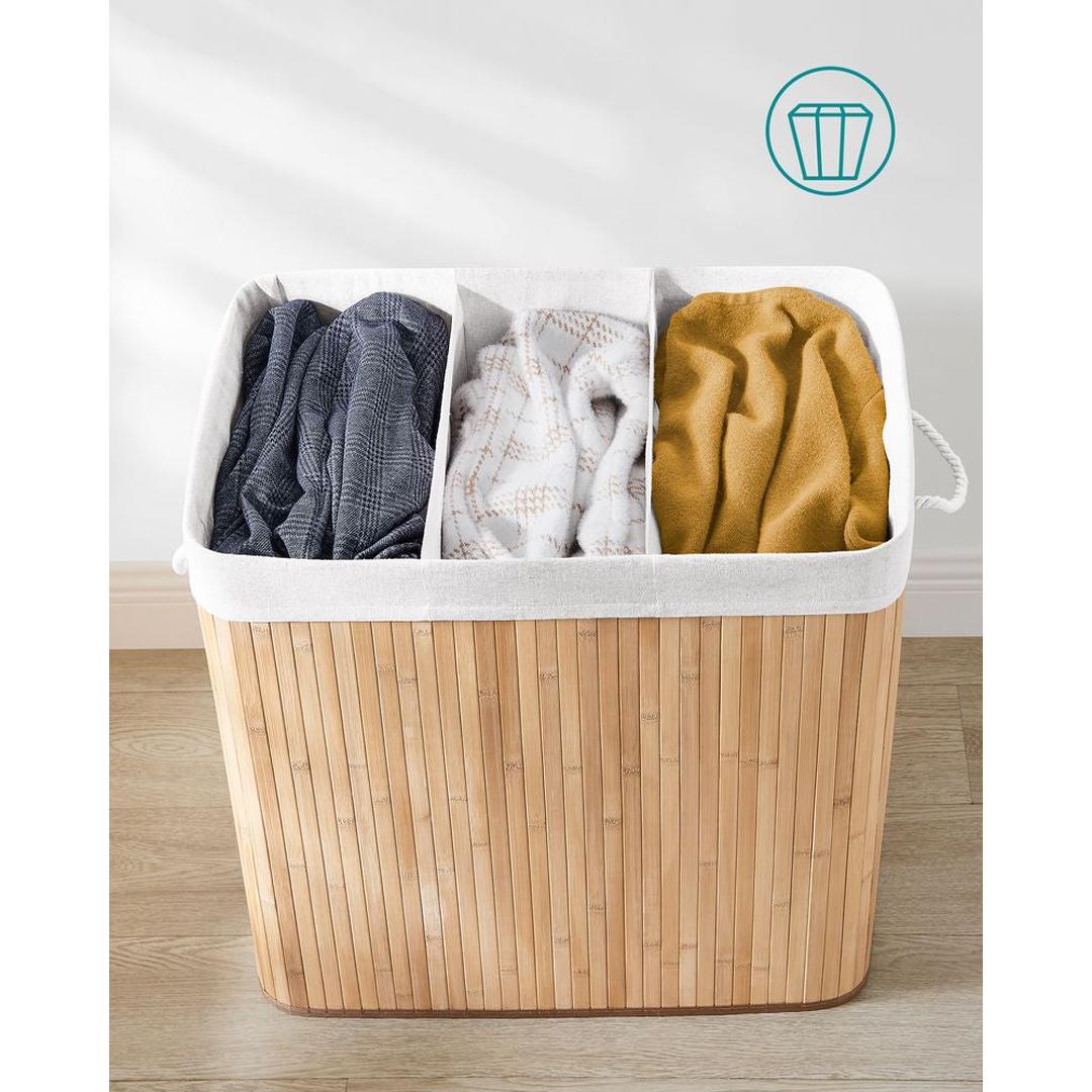 Bamboe Wasmand met Deksel – 3-Vaks Wasbox van 150 L, Opvouwbaar met Handgrepen