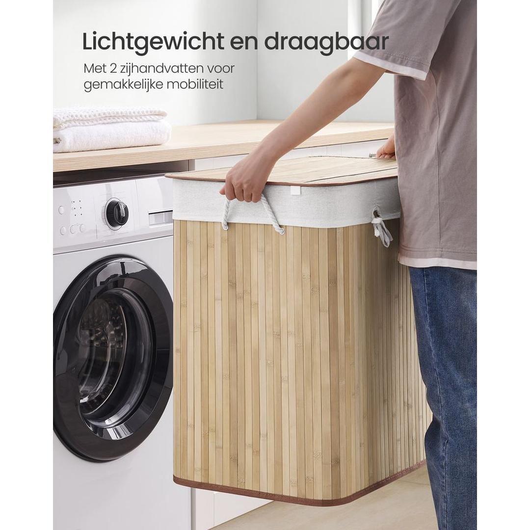 Bamboe Wasmand met Deksel – 3-Vaks Wasbox van 150 L, Opvouwbaar met Handgrepen