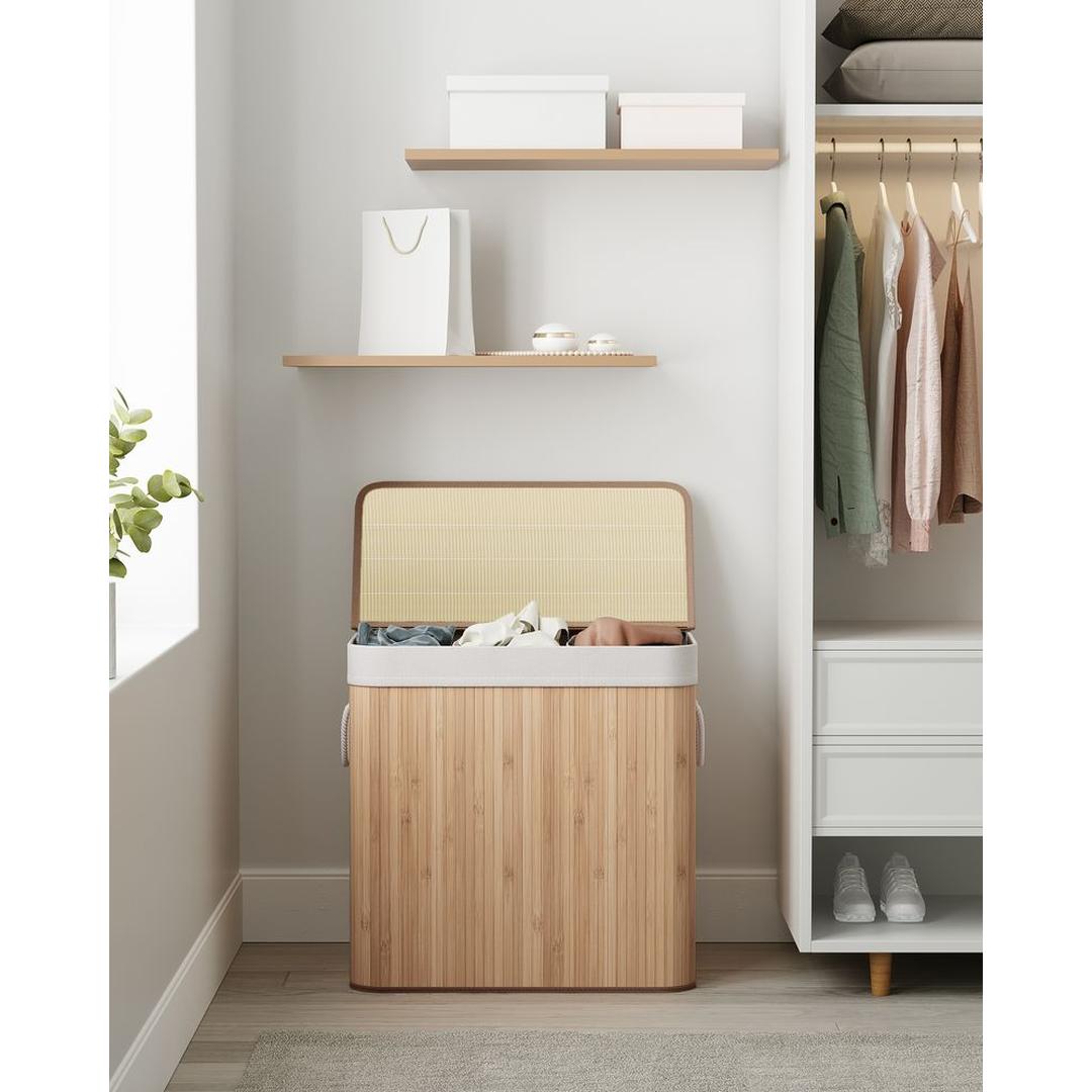 Bamboe Wasmand met Deksel – 3-Vaks Wasbox van 150 L, Opvouwbaar met Handgrepen