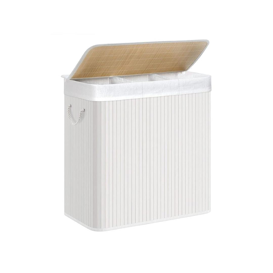 Bamboe Wasmand met Deksel – 3-Vaks Wasbox van 150 L, Opvouwbaar met Handgrepen
