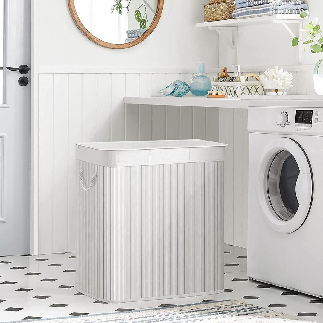 Bamboe Wasmand met Deksel – 3-Vaks Wasbox van 150 L, Opvouwbaar met Handgrepen