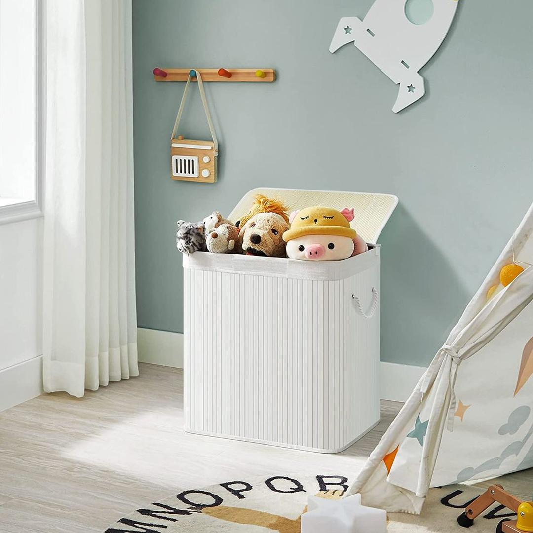 Bamboe Wasmand met Deksel – 3-Vaks Wasbox van 150 L, Opvouwbaar met Handgrepen