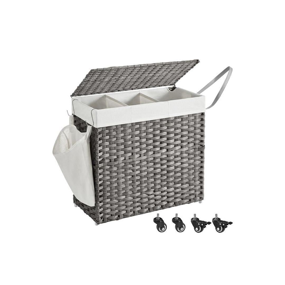 Wasmand met Afneembare Deksel – 3-Vaks Wasbox met Wielen, Uitneembare Waszak en een inhoud van 140L en 160L