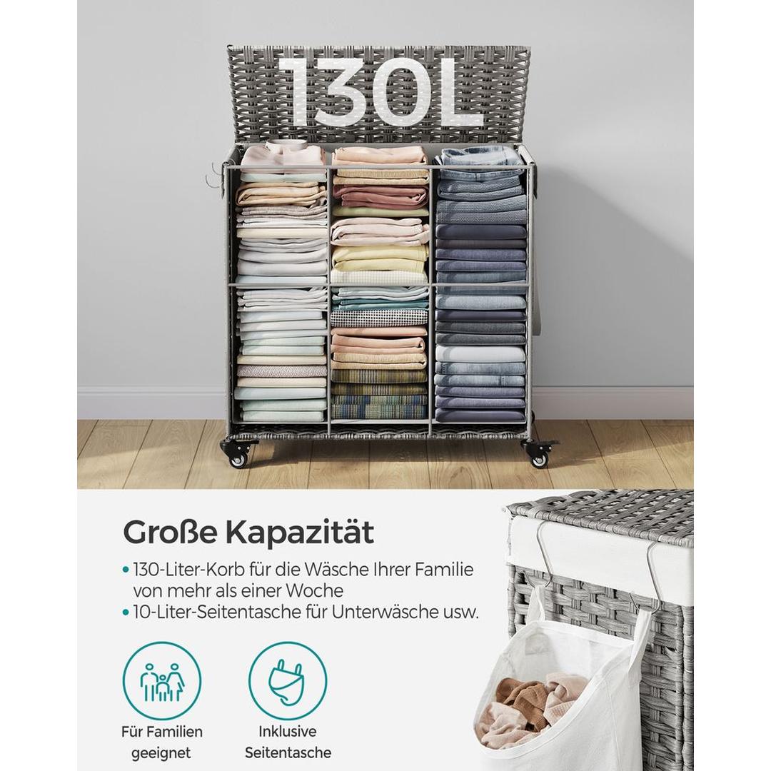 Wasmand met Afneembare Deksel – 3-Vaks Wasbox met Wielen, Uitneembare Waszak en een inhoud van 140L en 160L