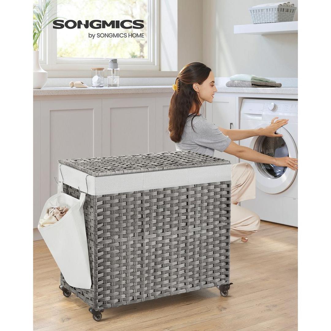 Wasmand met Afneembare Deksel – 3-Vaks Wasbox met Wielen, Uitneembare Waszak en een inhoud van 140L en 160L
