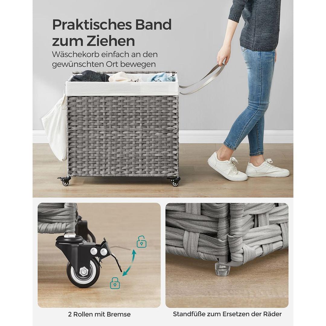 Wasmand met Afneembare Deksel – 3-Vaks Wasbox met Wielen, Uitneembare Waszak en een inhoud van 140L en 160L