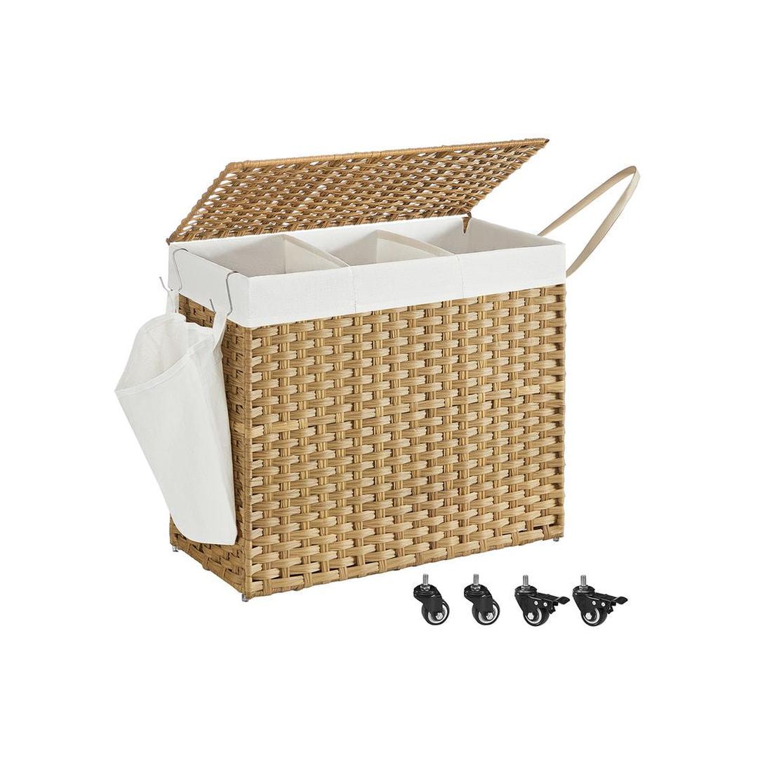 Wasmand met Afneembare Deksel – 3-Vaks Wasbox met Wielen, Uitneembare Waszak en een inhoud van 140L en 160L