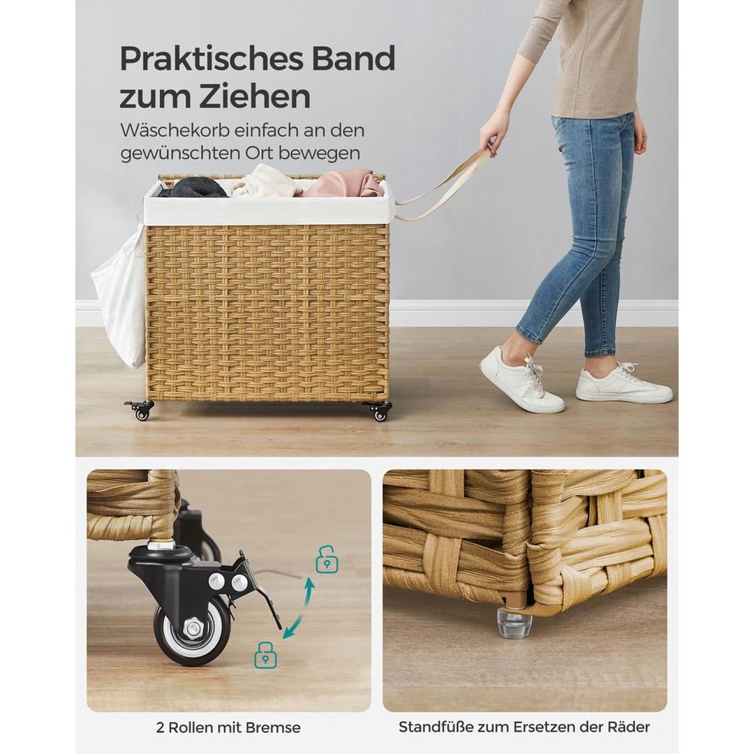 Wasmand met Afneembare Deksel – 3-Vaks Wasbox met Wielen, Uitneembare Waszak en een inhoud van 140L en 160L