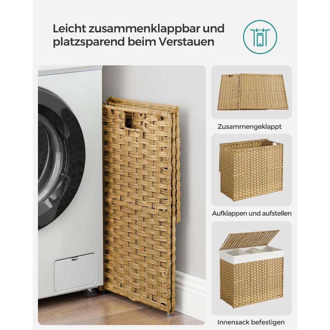 Wasmand met Afneembare Deksel – 3-Vaks Wasbox met Wielen, Uitneembare Waszak en een inhoud van 140L en 160L