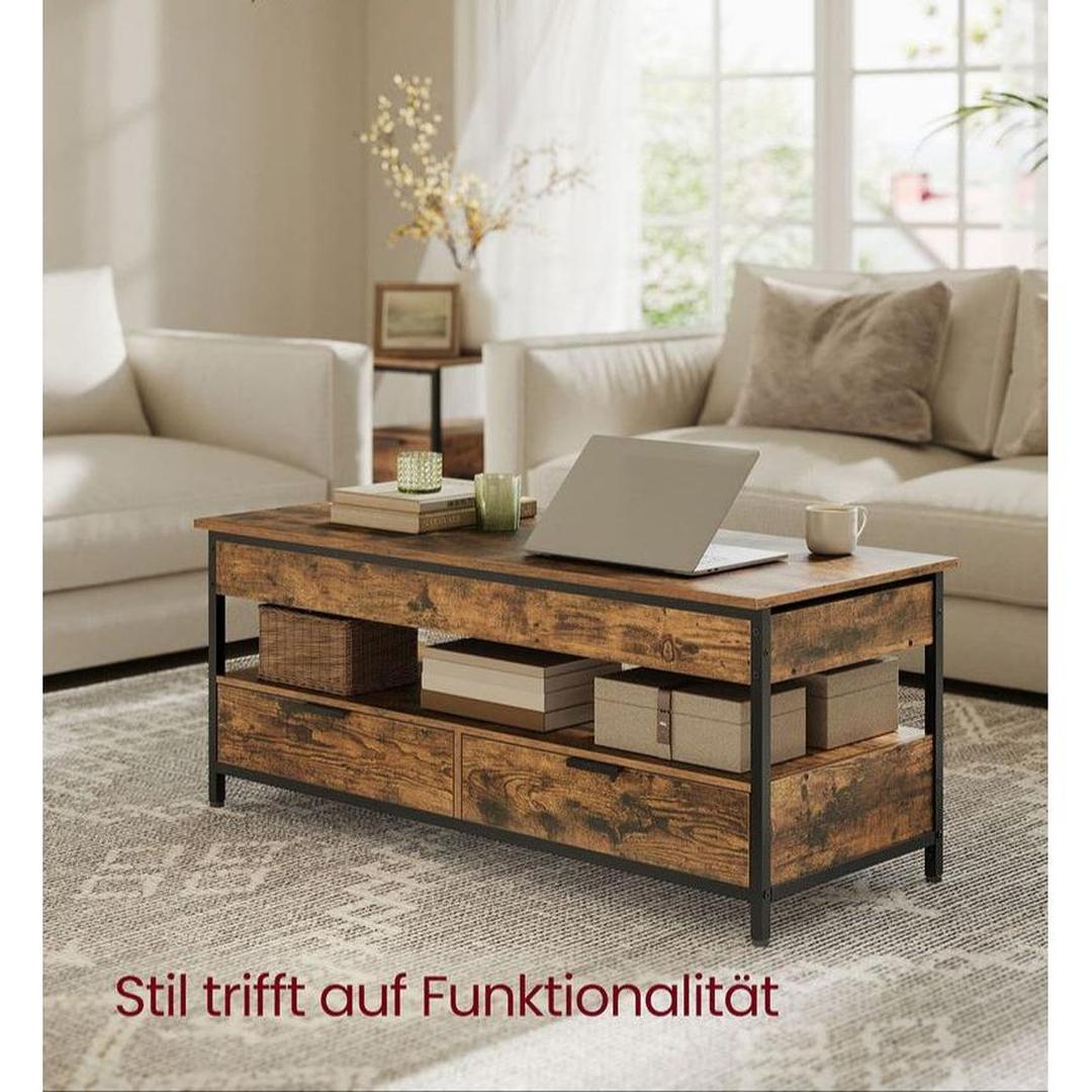 Industrieel verstelbare salontafel met lift-top – 120 x 50 cm – met lades en verborgen opbergruimte