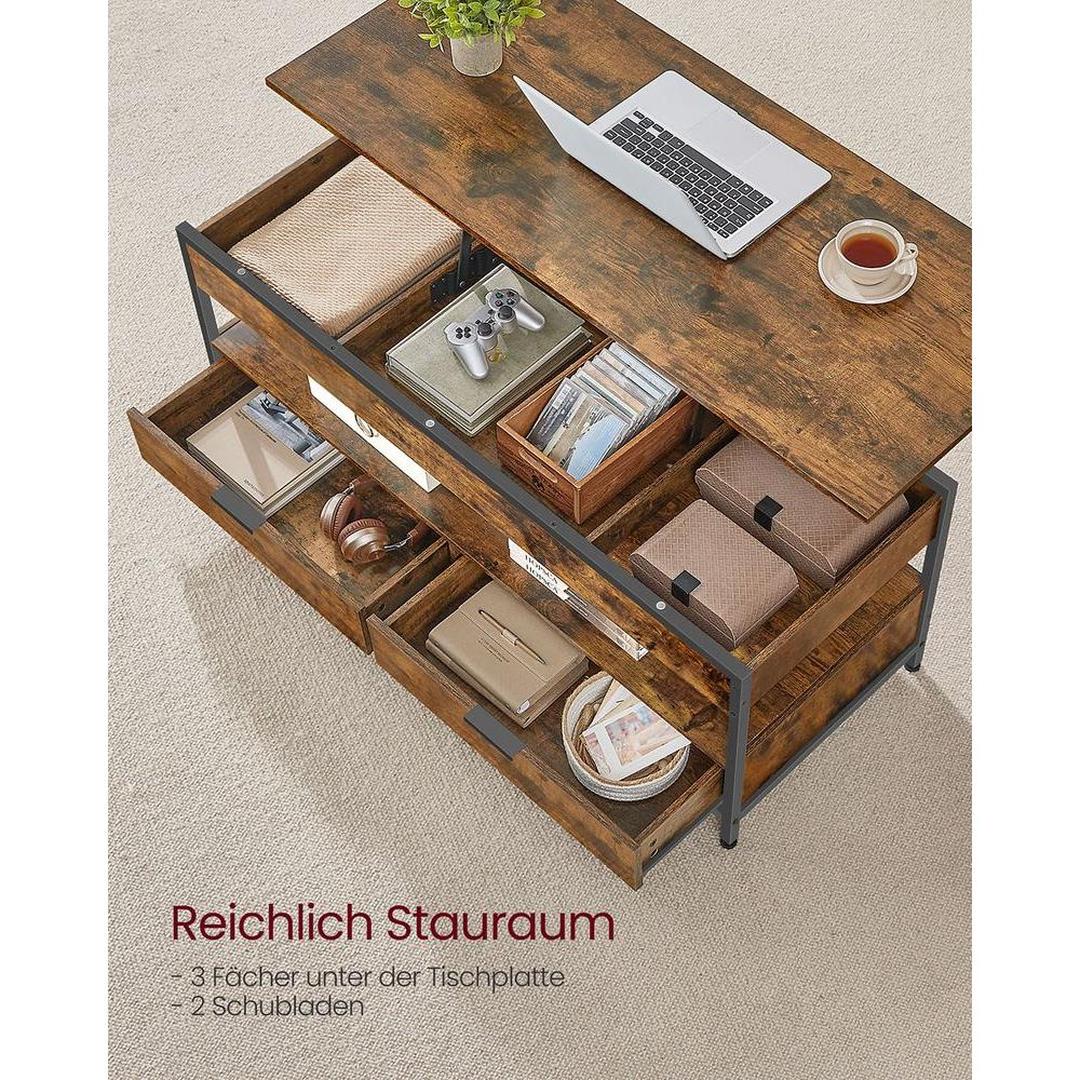 Industrieel verstelbare salontafel met lift-top – 120 x 50 cm – met lades en verborgen opbergruimte