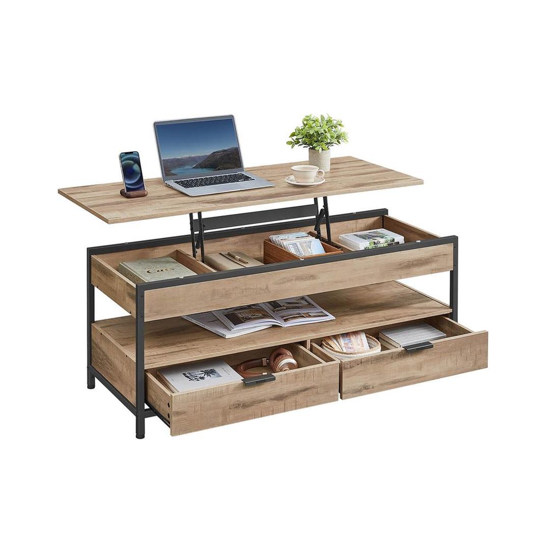 Industrieel verstelbare salontafel met lift-top – 120 x 50 cm – met lades en verborgen opbergruimte