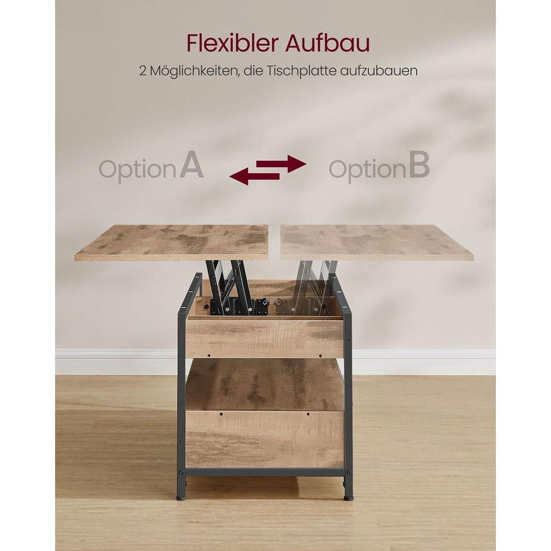 Industrieel verstelbare salontafel met lift-top – 120 x 50 cm – met lades en verborgen opbergruimte