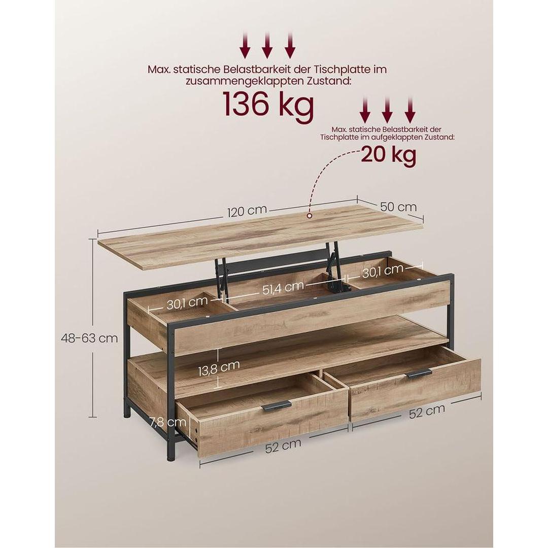 Industrieel verstelbare salontafel met lift-top – 120 x 50 cm – met lades en verborgen opbergruimte