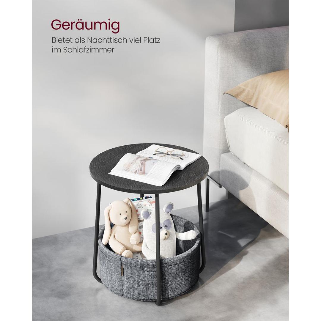 Ronde Bijzettafel met Stoffen Opbergmand – Praktische Tafel met Extra Opbergruimte voor Woonkamer of Slaapkamer