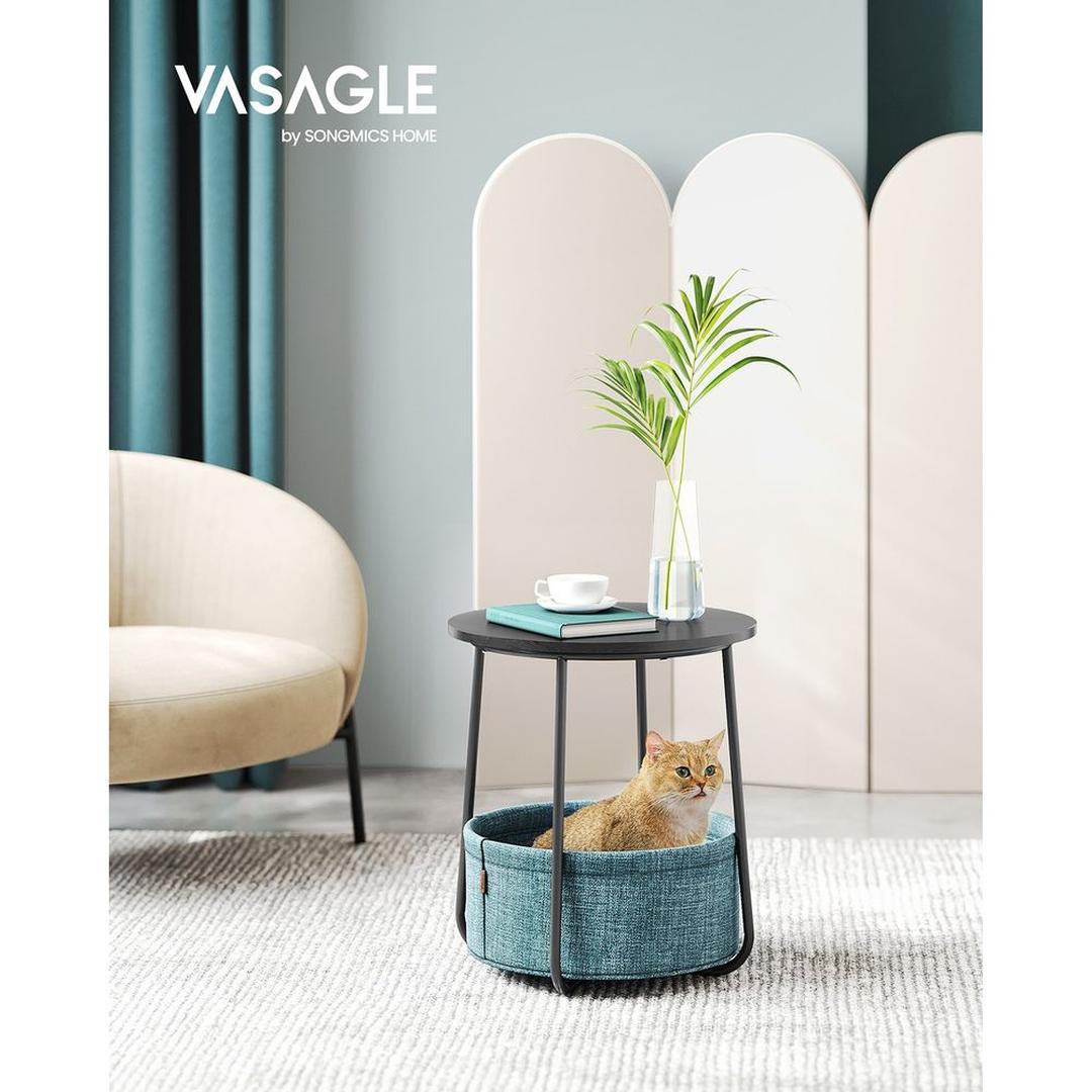 Ronde Bijzettafel met Stoffen Opbergmand – Praktische Tafel met Extra Opbergruimte voor Woonkamer of Slaapkamer