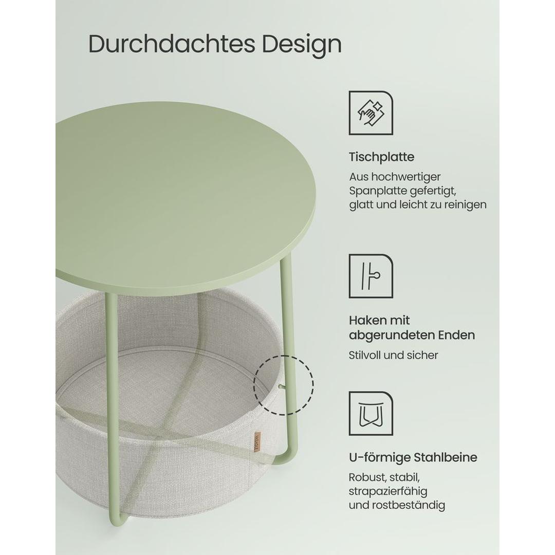 Ronde Bijzettafel met Stoffen Opbergmand – Praktische Tafel met Extra Opbergruimte voor Woonkamer of Slaapkamer