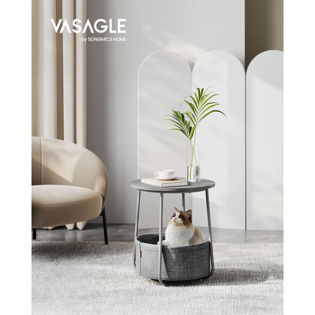 Ronde Bijzettafel met Stoffen Opbergmand – Praktische Tafel met Extra Opbergruimte voor Woonkamer of Slaapkamer