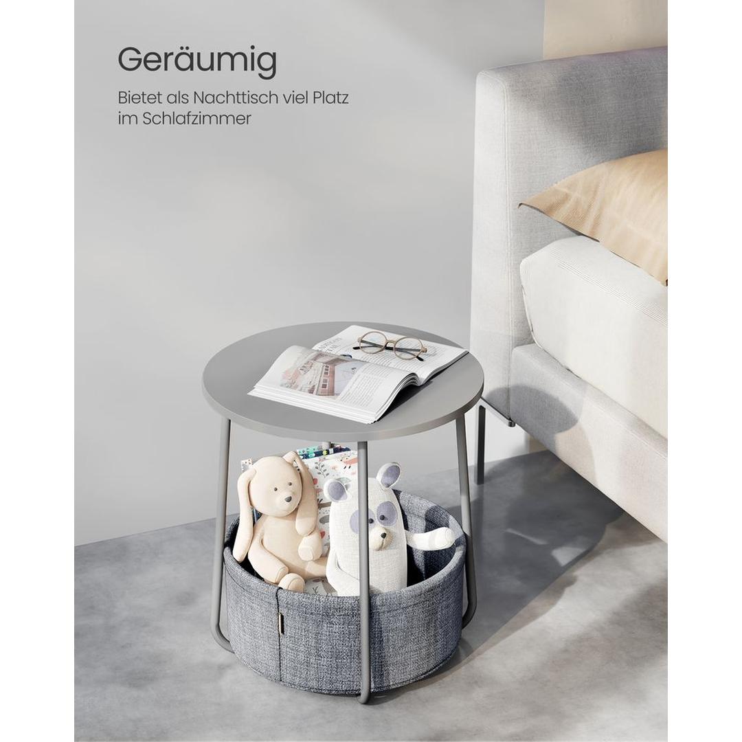 Ronde Bijzettafel met Stoffen Opbergmand – Praktische Tafel met Extra Opbergruimte voor Woonkamer of Slaapkamer