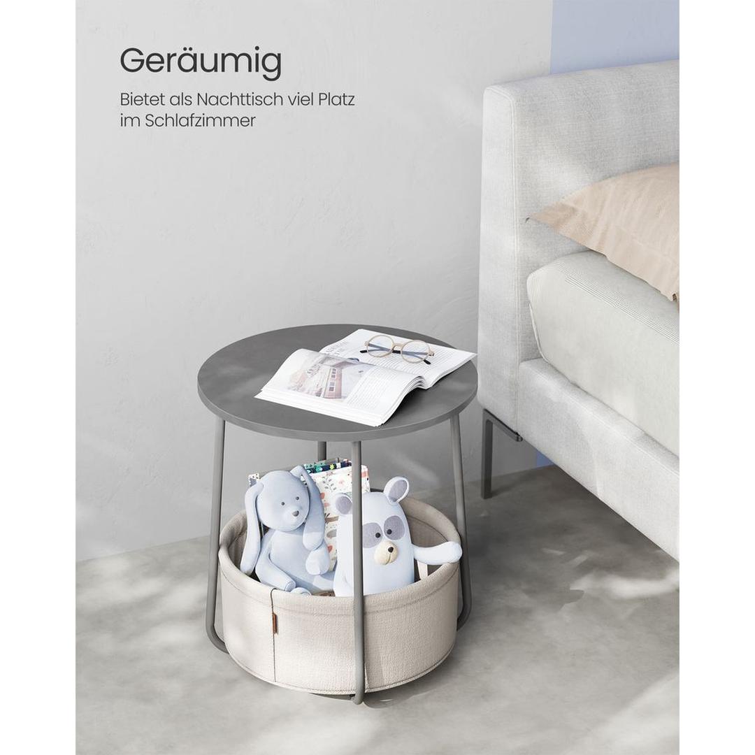 Ronde Bijzettafel met Stoffen Opbergmand – Praktische Tafel met Extra Opbergruimte voor Woonkamer of Slaapkamer