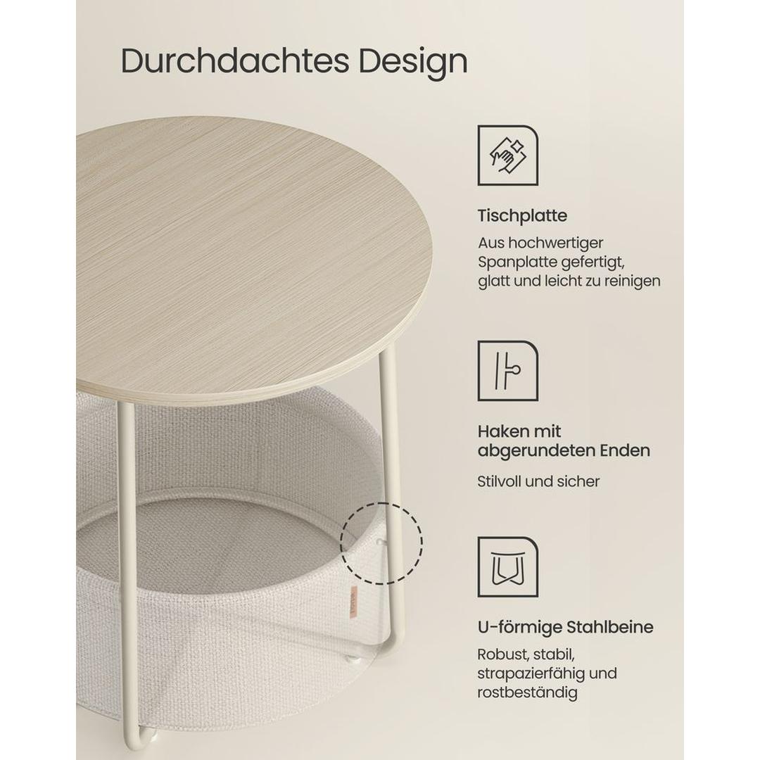 Ronde Bijzettafel met Stoffen Opbergmand – Praktische Tafel met Extra Opbergruimte voor Woonkamer of Slaapkamer