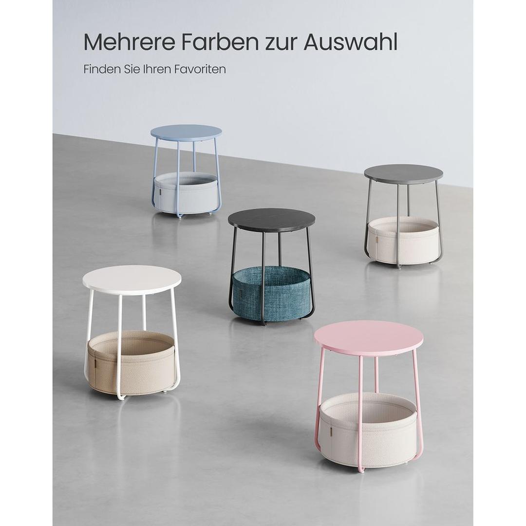 Ronde Bijzettafel met Stoffen Opbergmand – Praktische Tafel met Extra Opbergruimte voor Woonkamer of Slaapkamer