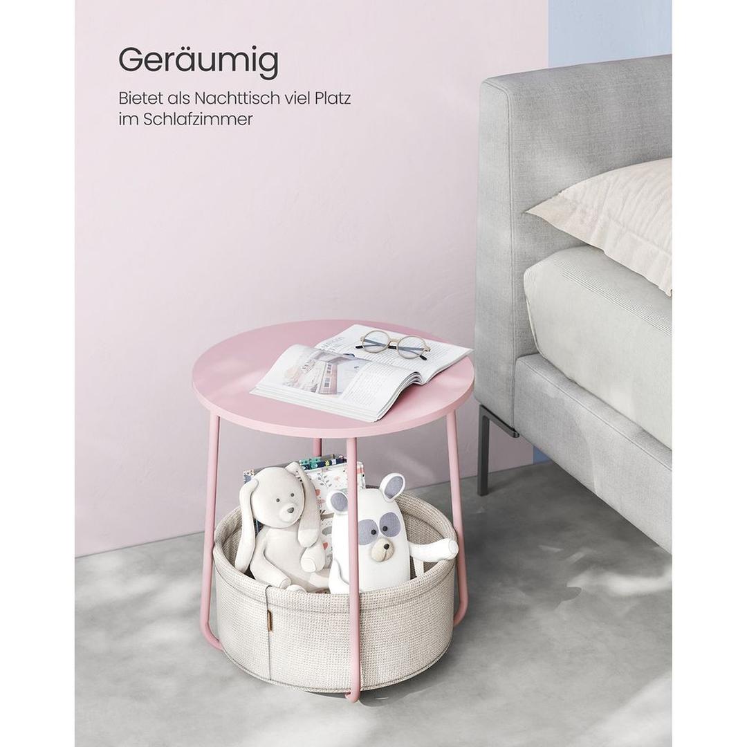 Ronde Bijzettafel met Stoffen Opbergmand – Praktische Tafel met Extra Opbergruimte voor Woonkamer of Slaapkamer