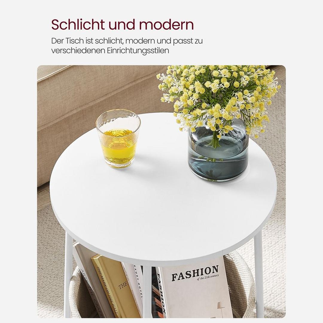 Ronde Bijzettafel met Stoffen Opbergmand – Praktische Tafel met Extra Opbergruimte voor Woonkamer of Slaapkamer