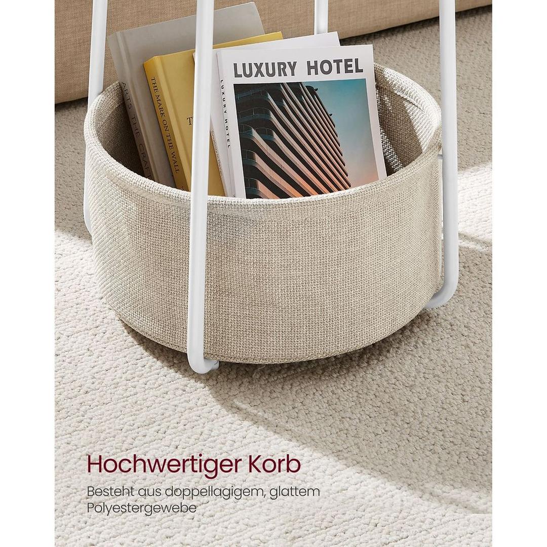 Ronde Bijzettafel met Stoffen Opbergmand – Praktische Tafel met Extra Opbergruimte voor Woonkamer of Slaapkamer