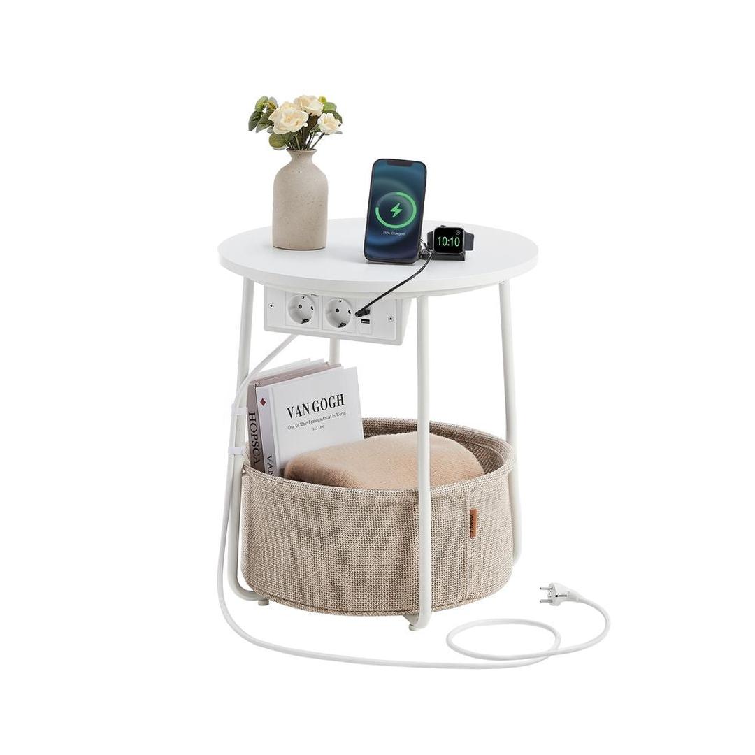 Ronde Bijzettafel met Oplaadfunctie – Bijzettafel met Opbergmand, Stopcontacten en USB-poorten, Ø 45 × 50 cm