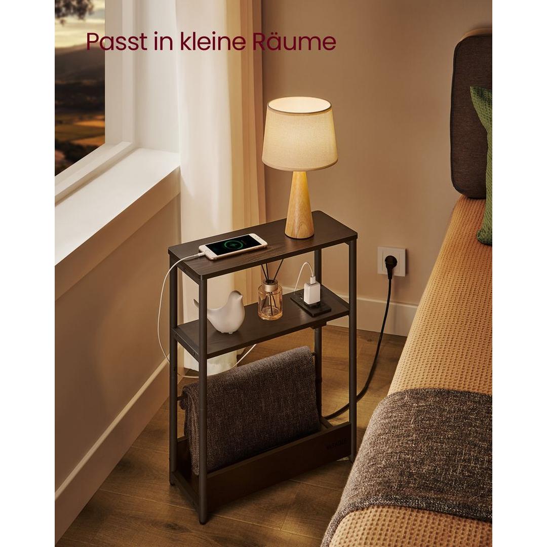 Smalle Bijzettafel met 3 Legplanken – Nachtkastje met Stopcontact en USB-poorten, 18 × 45 × 58 cm