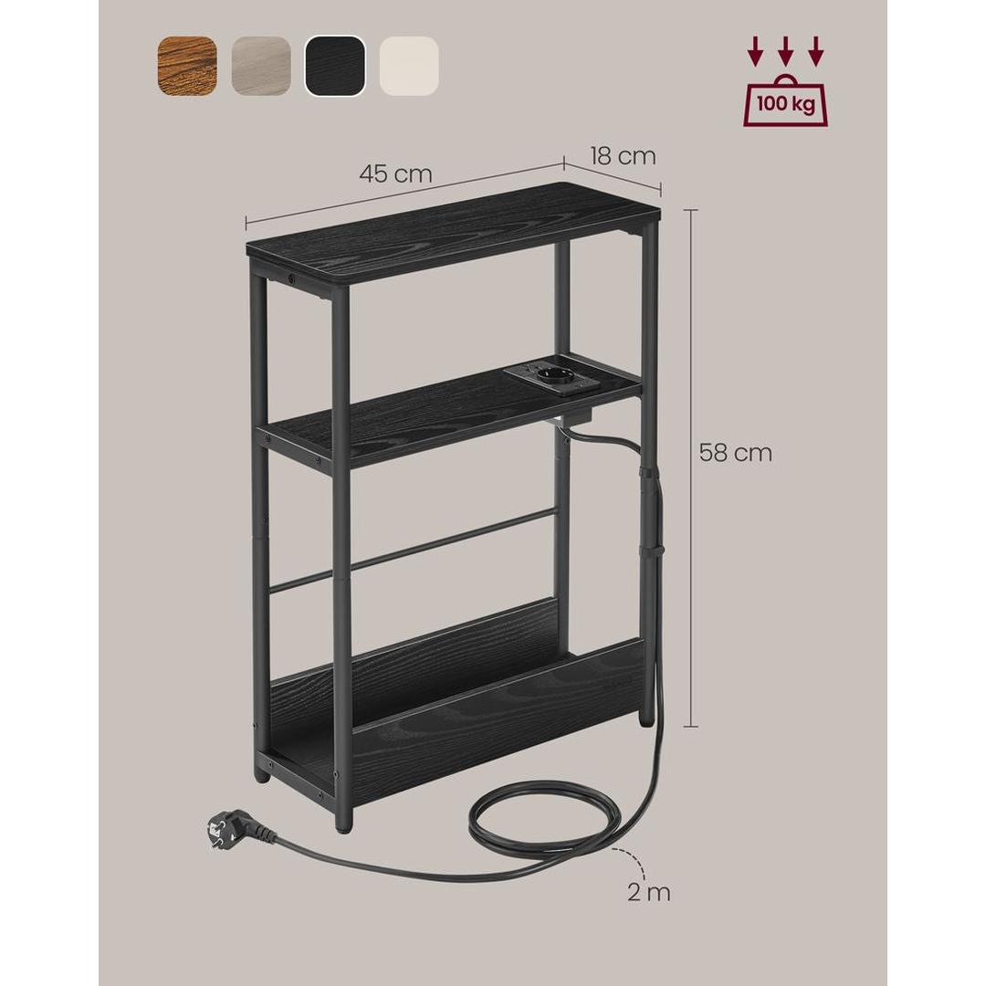 Smalle Bijzettafel met 3 Legplanken – Nachtkastje met Stopcontact en USB-poorten, 18 × 45 × 58 cm