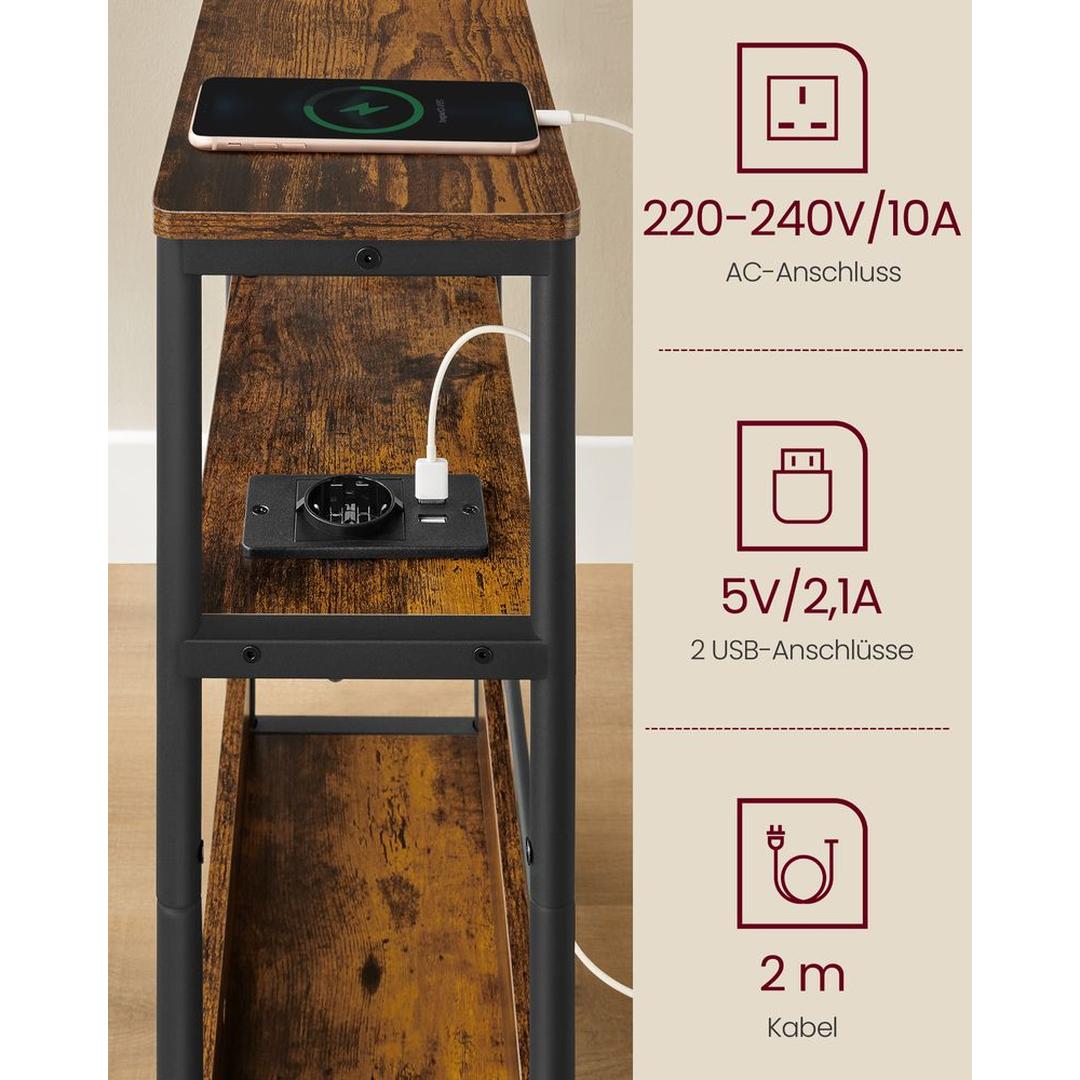 Smalle Bijzettafel met 3 Planken – Nachtkastje met Stopcontact en USB-poorten in Ebbenhout Zwart