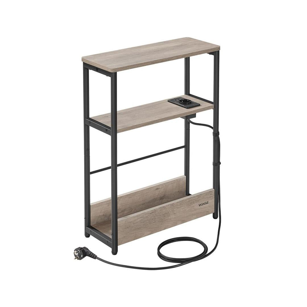 Smalle Bijzettafel met 3 Legplanken – Nachtkastje met Stopcontact en USB-poorten, 18 × 45 × 58 cm