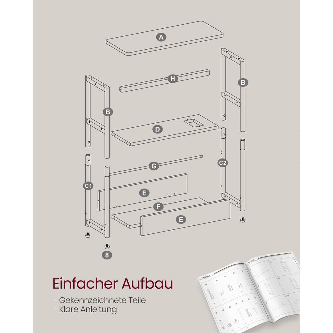 Smalle Bijzettafel met 3 Legplanken – Nachtkastje met Stopcontact en USB-poorten, 18 × 45 × 58 cm