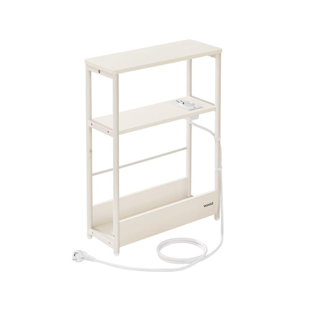 Smalle Bijzettafel met 3 Legplanken – Nachtkastje met Stopcontact en USB-poorten, 18 × 45 × 58 cm