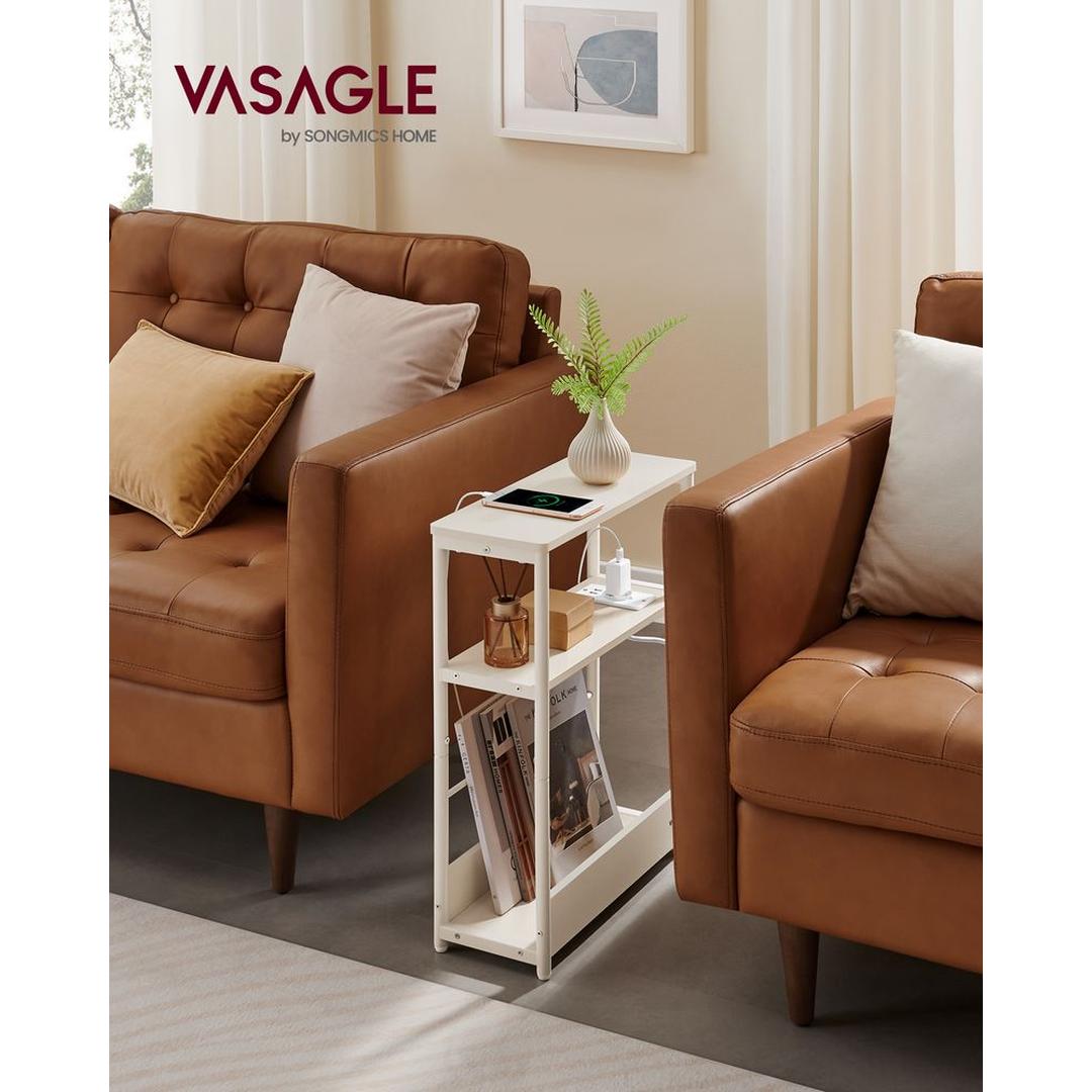 Smalle Bijzettafel met 3 Legplanken – Nachtkastje met Stopcontact en USB-poorten, 18 × 45 × 58 cm