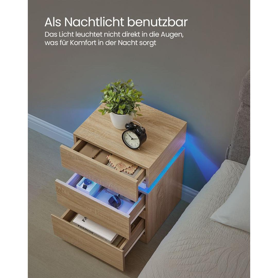 Nachtkastje met LED-Verlichting en 3 Lades – Praktisch Bedmeubel met Opbergruimte voor Slaapkamer