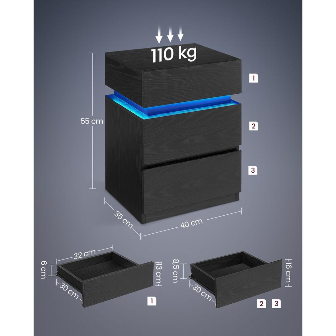 Nachtkastje met LED-Verlichting en 3 Lades – Praktisch Bedmeubel met Opbergruimte voor Slaapkamer