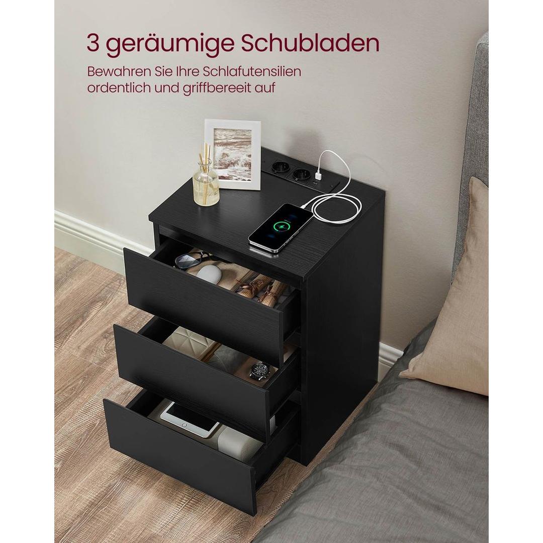 Bijzettafel met oplaadstation – nachtkastje met USB-poorten en stopcontact – opbergkastje met lade en plank